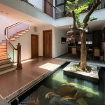 Modern home with tree and Koi pond