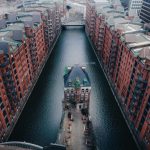 The Wasserschloss in the middle of a canal between the row of historic warehouses in Speicherstadt
