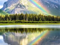 rainbow reflecting in Vermilion Lakes, canada