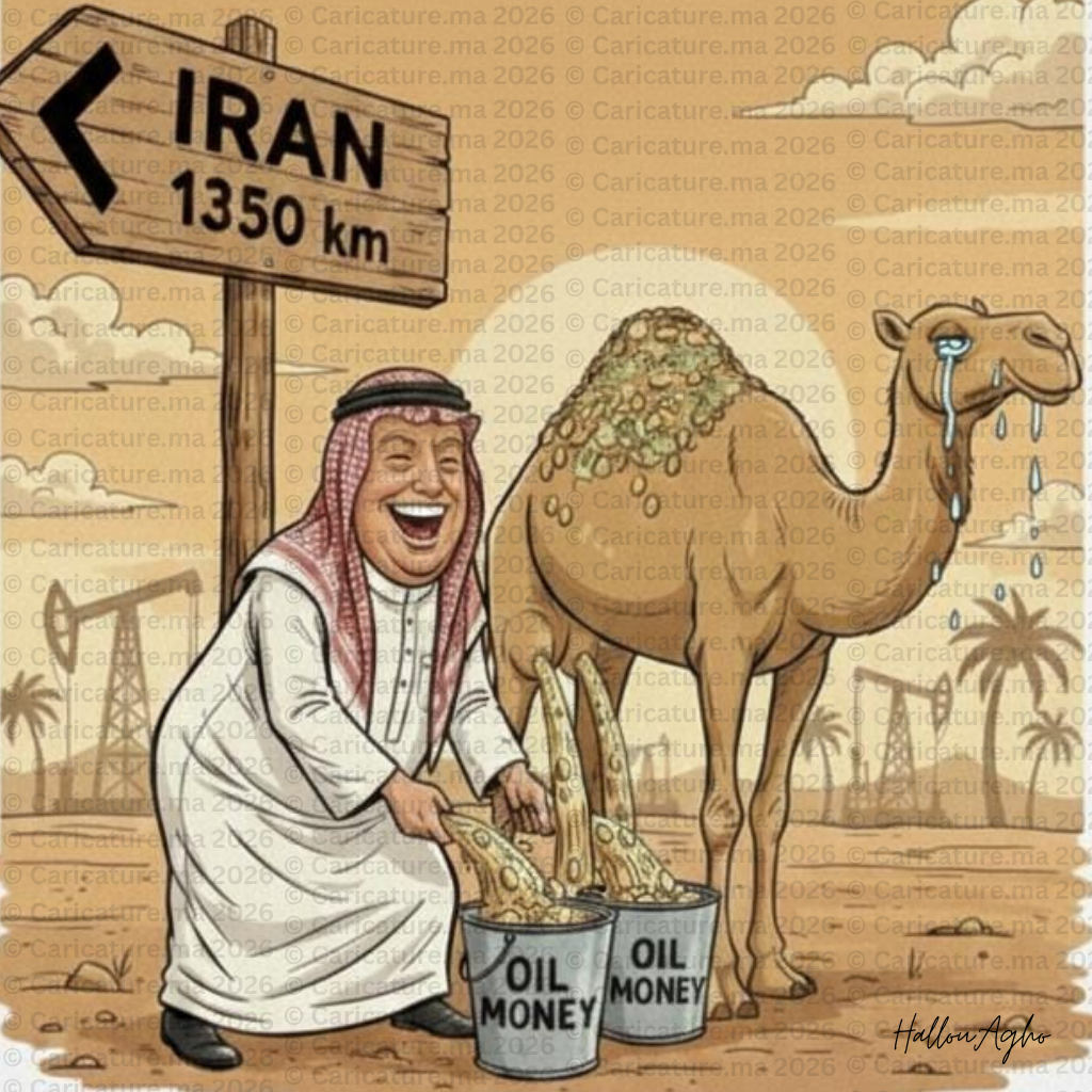 كاريكاتير يصور سياسة ترامب المالية من خلال شخصية بملامح ترامب بالزي الخليجي يحلب جملاً باكياً لاستخراج أموال النفط والذهب.