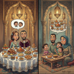 كاريكاتير يقارن بين عائلة غنية تفتقد للأبناء وعائلة فقيرة غنية بالأطفال، يوضح زيف مفهوم الحياة المثالية.
