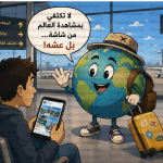 كرة أرضية كاريكاتيرية تحمل حقيبة السفر في المطار تشجع على استكشاف العالم بدل الاكتفاء بمشاهدته عبر الهاتف.