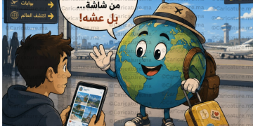 كرة أرضية كاريكاتيرية تحمل حقيبة السفر في المطار تشجع على استكشاف العالم بدل الاكتفاء بمشاهدته عبر الهاتف.