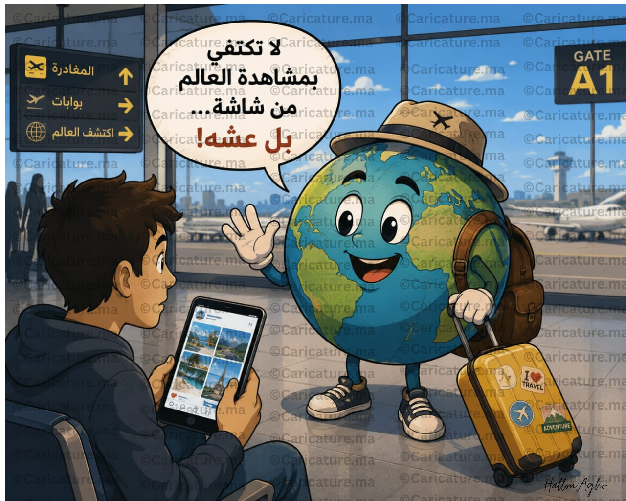 كرة أرضية كاريكاتيرية تحمل حقيبة السفر في المطار تشجع على استكشاف العالم بدل الاكتفاء بمشاهدته عبر الهاتف.
