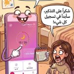 امرأة تستخدم تطبيق متابعة الدورة الشهرية على الهاتف الذكي لمراقبة صحتها وتسجيل مواعيد الدورة والملاحظات اليومية