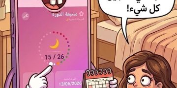 امرأة تستخدم تطبيق متابعة الدورة الشهرية على الهاتف الذكي لمراقبة صحتها وتسجيل مواعيد الدورة والملاحظات اليومية