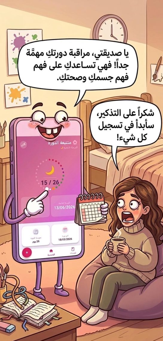 امرأة تستخدم تطبيق متابعة الدورة الشهرية على الهاتف الذكي لمراقبة صحتها وتسجيل مواعيد الدورة والملاحظات اليومية