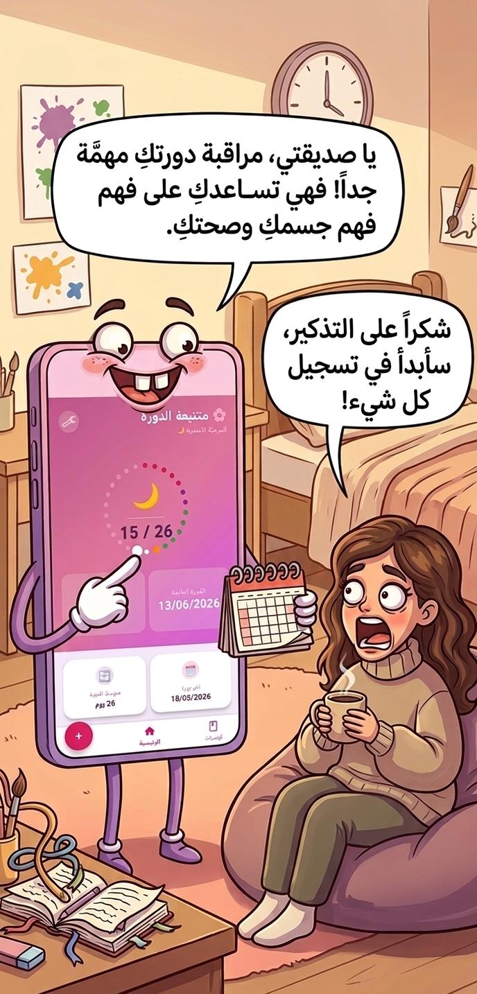 امرأة تستخدم تطبيق متابعة الدورة الشهرية على الهاتف الذكي لمراقبة صحتها وتسجيل مواعيد الدورة والملاحظات اليومية
