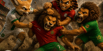 كاريكاتير عن كأس العالم 2026 يجسد التنافس بين جماهير المنتخبات الإفريقية.