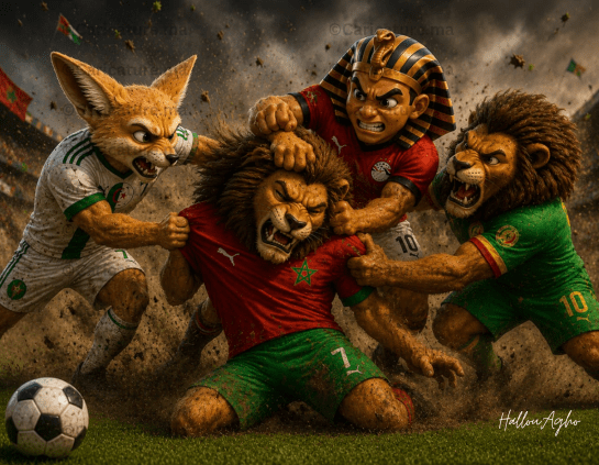 كاريكاتير عن كأس العالم 2026 يجسد التنافس بين جماهير المنتخبات الإفريقية.