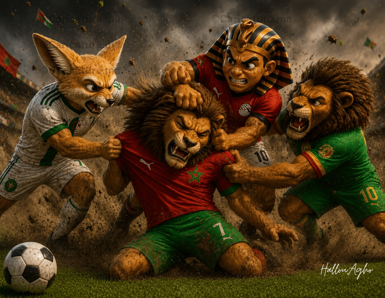 كاريكاتير عن كأس العالم 2026 يجسد التنافس بين جماهير المنتخبات الإفريقية.