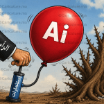 رسم كاريكاتيري عن فقاعة الذكاء الاصطناعي، يظهر بالون ضخم يحمل شعار AI تنفخه الرأسمالية، بجانب شجرة شوكية في أرض جافة، في إشارة إلى مخاطر الاستثمارات المتزايدة في الذكاء الاصطناعي.
