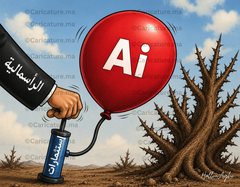 رسم كاريكاتيري عن فقاعة الذكاء الاصطناعي، يظهر بالون ضخم يحمل شعار AI تنفخه الرأسمالية، بجانب شجرة شوكية في أرض جافة، في إشارة إلى مخاطر الاستثمارات المتزايدة في الذكاء الاصطناعي.