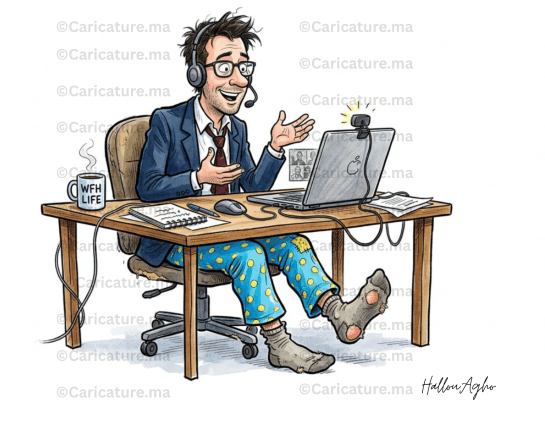 كاريكاتير ساخر عن العمل من المنزل يظهر موظفًا يعمل أمام الحاسوب في اجتماع عن بُعد بينما يرتدي ملابس النوم.