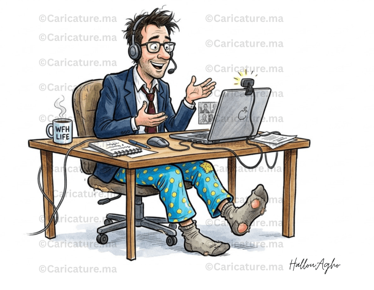 كاريكاتير ساخر عن العمل من المنزل يظهر موظفًا يعمل أمام الحاسوب في اجتماع عن بُعد بينما يرتدي ملابس النوم.