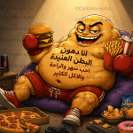 كاريكاتير يجسد دهون البطن كشخصية سمينة وعنيدة تجلس باسترخاء وهي تحمل برغرًا ومشروبًا غازيًا، محاطة بالوجبات السريعة، في تعبير ساخر عن تأثير السهر، وقلة الحركة، والإفراط في الأكل على تراكم دهون البطن.