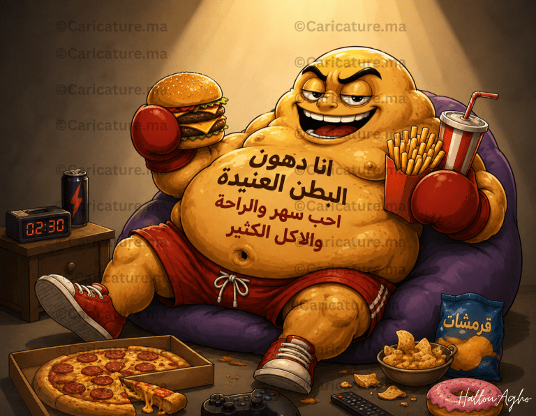 كاريكاتير يجسد دهون البطن كشخصية سمينة وعنيدة تجلس باسترخاء وهي تحمل برغرًا ومشروبًا غازيًا، محاطة بالوجبات السريعة، في تعبير ساخر عن تأثير السهر، وقلة الحركة، والإفراط في الأكل على تراكم دهون البطن.