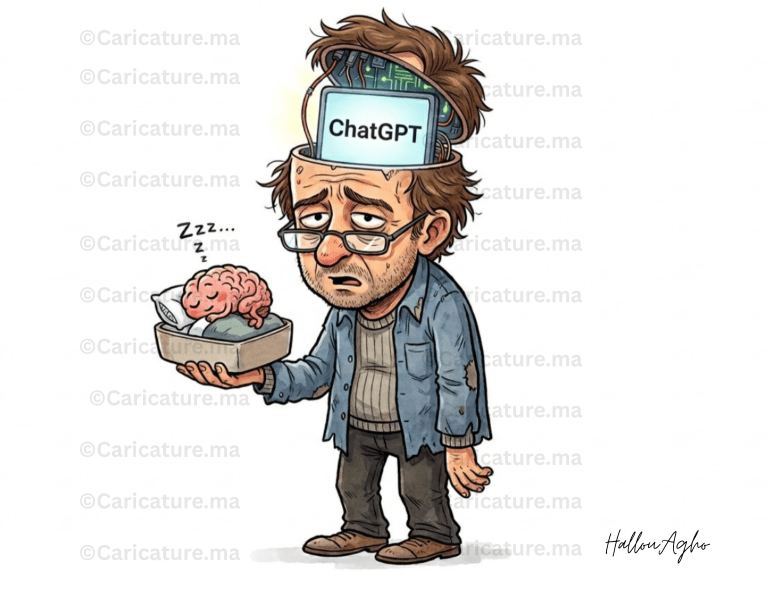 كاريكاتير عن ChatGPT والاعتماد على الذكاء الاصطناعي في التفكير