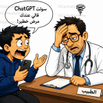 كاريكاتير مضحك لشخص يخبر الطبيب أن ChatGPT قال له إنه مصاب بمرض خطير