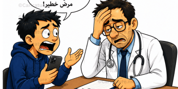 كاريكاتير مضحك لشخص يخبر الطبيب أن ChatGPT قال له إنه مصاب بمرض خطير