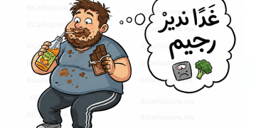 كاريكاتير ساخر عن شخص يؤجل الحمية الغذائية إلى الغد
