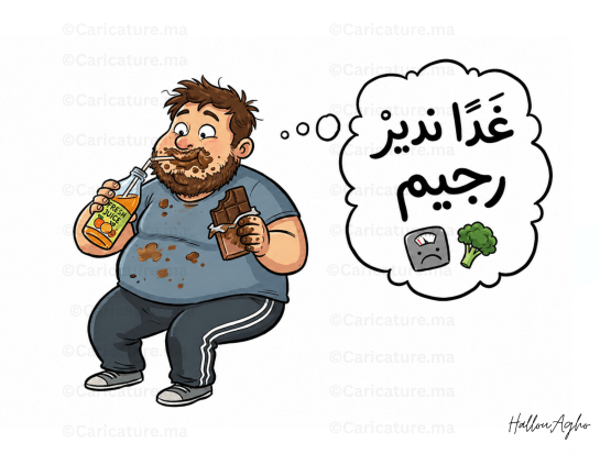 كاريكاتير ساخر عن شخص يؤجل الحمية الغذائية إلى الغد