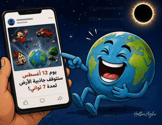 كاريكاتير ساخر عن إشاعة توقف جاذبية الأرض يوم 12 أغسطس