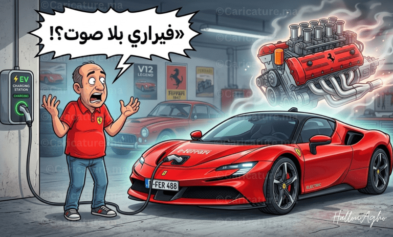 كاركتير ساخر عن تحول فيراري إلى السيارات الكهربائية وعشاق صوت المحرك التقليدي