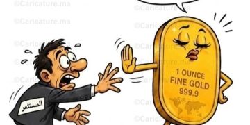كاركتير ساخر عن ارتفاع أسعار الذهب يظهر مستثمرًا يحاول الإمساك بأونصة ذهب
