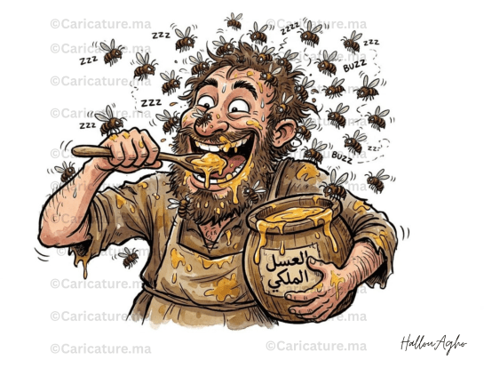 كاريكاتير عن المثل المغربي اللي بغا العسل يصبر لقريص النحل.