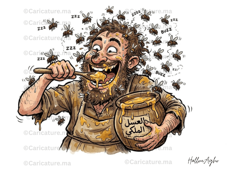 كاريكاتير عن المثل المغربي اللي بغا العسل يصبر لقريص النحل.