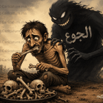 كاريكاتير عن أكل لحوم البشر يظهر رجلًا هزيلًا يحمل عظمة بشرية بينما يقف خلفه وحش يرمز إلى الجوع، في تعبير رمزي عن تأثير المجاعة والظروف الاستثنائية عبر التاريخ.