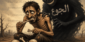 ل لحوم البشر يظهر رجلًا هزيلًا يحمل عظمة بشرية بينما يقف خلفه وحش يرمز إلى الجوع، في تعبير رمزي عن تأثير المجاعة والظروف الاستثنائية عبر التاريخ.