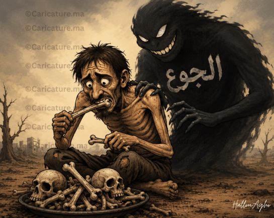 ل لحوم البشر يظهر رجلًا هزيلًا يحمل عظمة بشرية بينما يقف خلفه وحش يرمز إلى الجوع، في تعبير رمزي عن تأثير المجاعة والظروف الاستثنائية عبر التاريخ.
