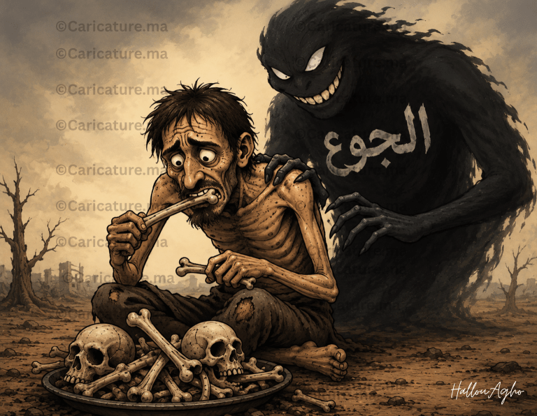 كاريكاتير عن أكل لحوم البشر يظهر رجلًا هزيلًا يحمل عظمة بشرية بينما يقف خلفه وحش يرمز إلى الجوع، في تعبير رمزي عن تأثير المجاعة والظروف الاستثنائية عبر التاريخ.