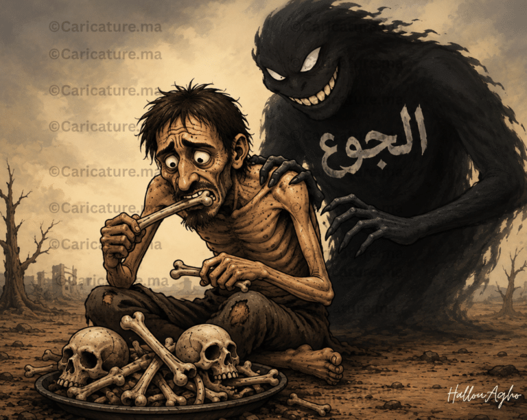 ل لحوم البشر يظهر رجلًا هزيلًا يحمل عظمة بشرية بينما يقف خلفه وحش يرمز إلى الجوع، في تعبير رمزي عن تأثير المجاعة والظروف الاستثنائية عبر التاريخ.