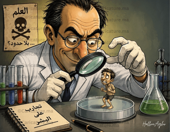كاريكاتير عن التجارب العلمية على البشر يظهر عالمًا في مختبر يفحص رجلًا صغيرًا وخائفًا بعدسة مكبرة، في تعبير رمزي عن تاريخ التجارب الطبية وأهمية أخلاقيات البحث العلمي.