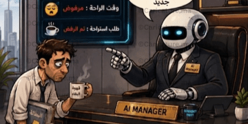 رسم كاريكاتيري لروبوت مدير يجلس خلف مكتب فاخر بينما يقف أمامه موظف يحمل كوب قهوة، في مشهد يرمز إلى مستقبل إدارة العمل بواسطة الروبوتات والذكاء الاصطناعي.
