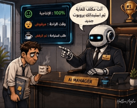 رسم كاريكاتيري لروبوت مدير يجلس خلف مكتب فاخر بينما يقف أمامه موظف يحمل كوب قهوة، في مشهد يرمز إلى مستقبل إدارة العمل بواسطة الروبوتات والذكاء الاصطناعي.