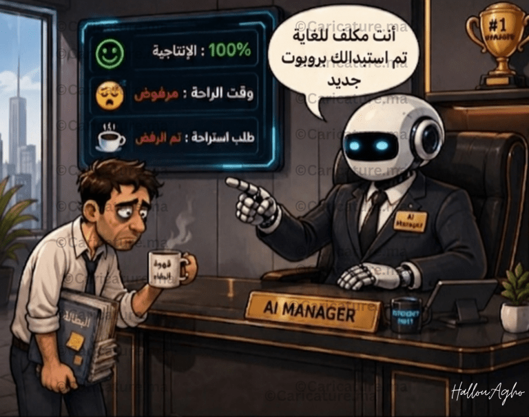 رسم كاريكاتيري لروبوت مدير يجلس خلف مكتب فاخر بينما يقف أمامه موظف يحمل كوب قهوة، في مشهد يرمز إلى مستقبل إدارة العمل بواسطة الروبوتات والذكاء الاصطناعي.