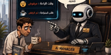 رسم كاريكاتيري لروبوت مدير يجلس خلف مكتب فاخر بينما يقف أمامه موظف يحمل كوب قهوة، في مشهد يرمز إلى مستقبل إدارة العمل بواسطة الروبوتات والذكاء الاصطناعي.