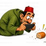كاريكاتير عن المثل المغربي «كنصور طرف الخبز» يظهر رجلًا يصور قطعة خبز بهاتفه.