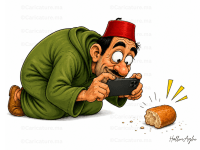 كاريكاتير عن المثل المغربي «كنصور طرف الخبز» يظهر رجلًا يصور قطعة خبز بهاتفه.
