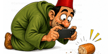 كاريكاتير عن المثل المغربي «كنصور طرف الخبز» يظهر رجلًا يصور قطعة خبز بهاتفه.