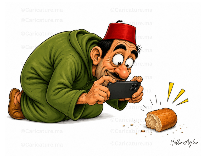 كاريكاتير عن المثل المغربي «كنصور طرف الخبز» يظهر رجلًا يصور قطعة خبز بهاتفه.